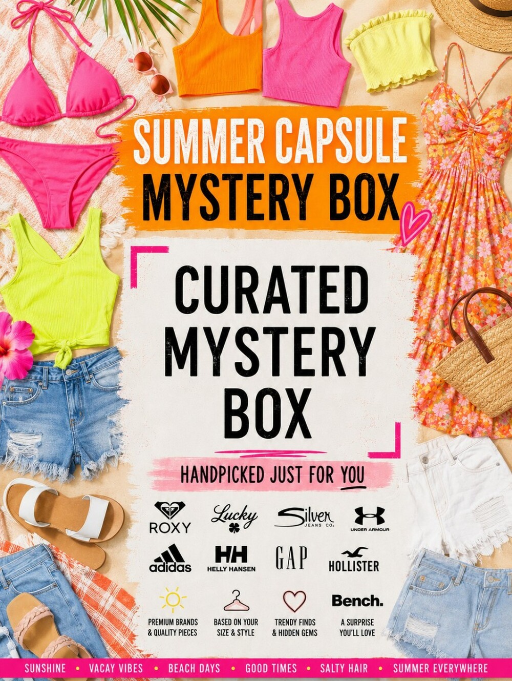 5 Item Summer Capsule Mystery Box | Roxy Lucky Adidas Silver | S | M | L |